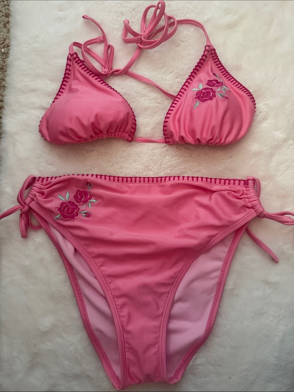 Pink Embroidered roses Two-Piece Bikini Set